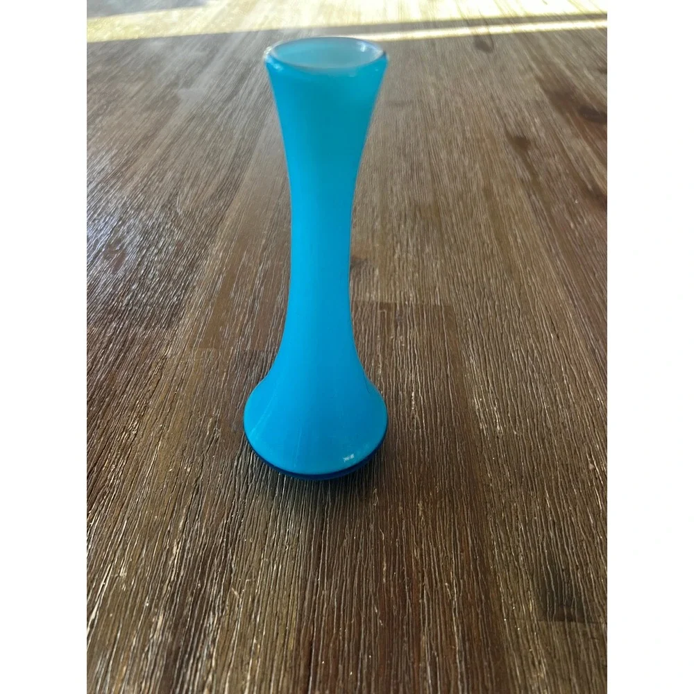 Vintage Mid Century Turquoise Blue Cased Glass Bud Vase 7 Inch Hourglass Shape